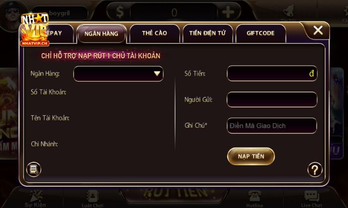 Nạp tiền vào tài khoản Nhatvip để bắt đầu tham gia cá cược